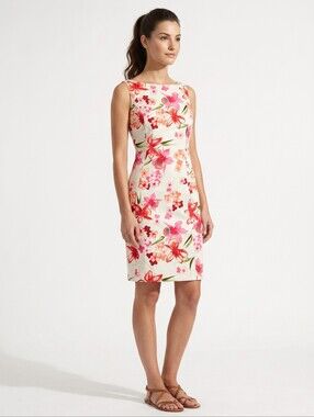 Rayon/linen Floral Sheath Floral Pink/cream Sleeveless Lined Slit Dress Sz 8P